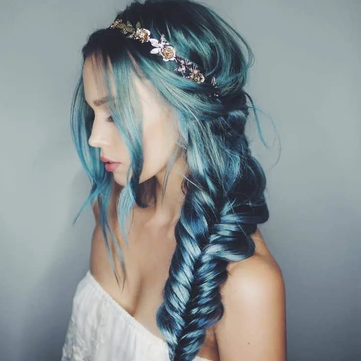 side fishtail teal blue hair