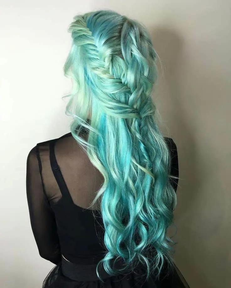beautiful teal blue hair fishtail braids