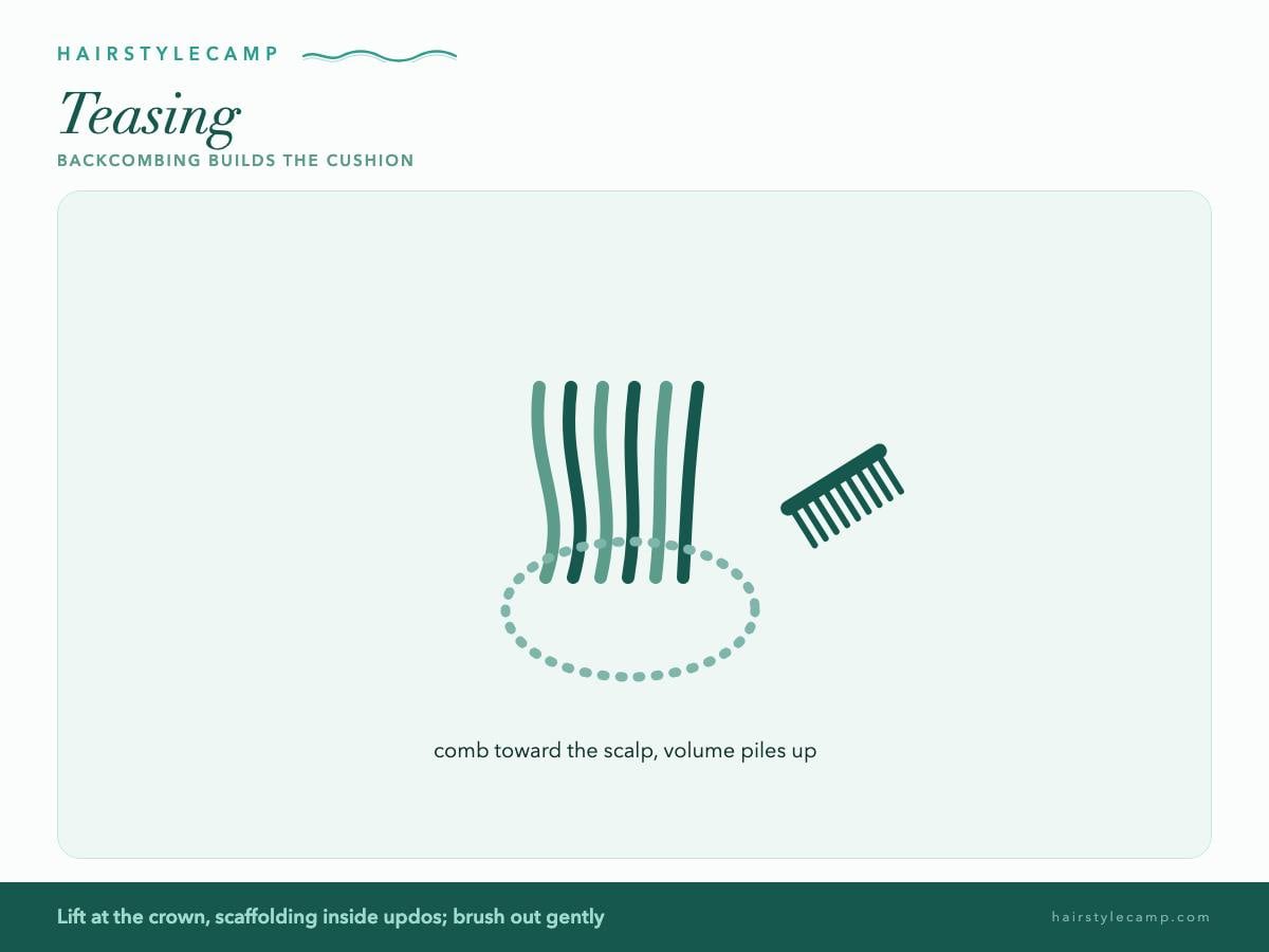 Diagram of teasing: combing hair backward to build a cushion of volume