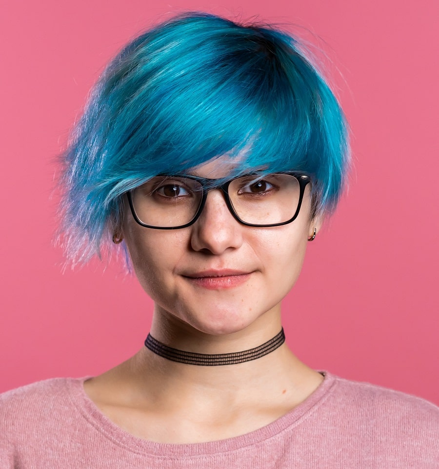 teen girl with short layered blue hair