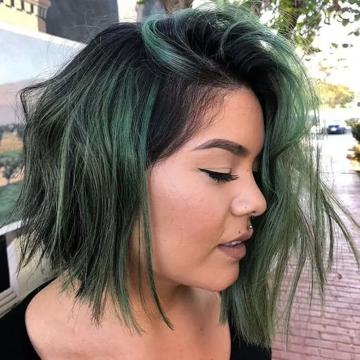 textured bob with green highlights