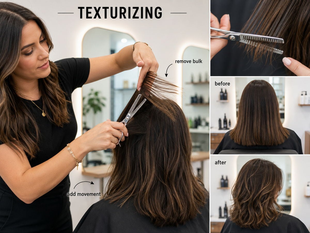 Stylist texturizing hair with thinning shears to remove bulk and add movement, shown before and after