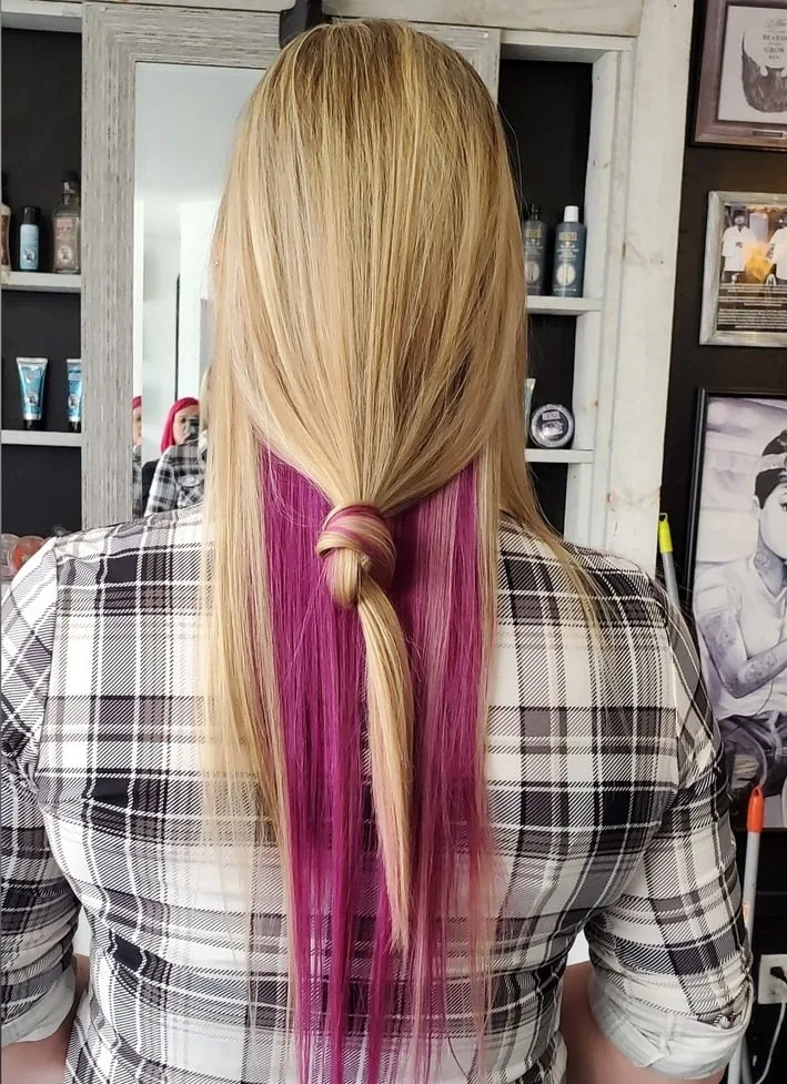 thin blonde hair with pink underneath