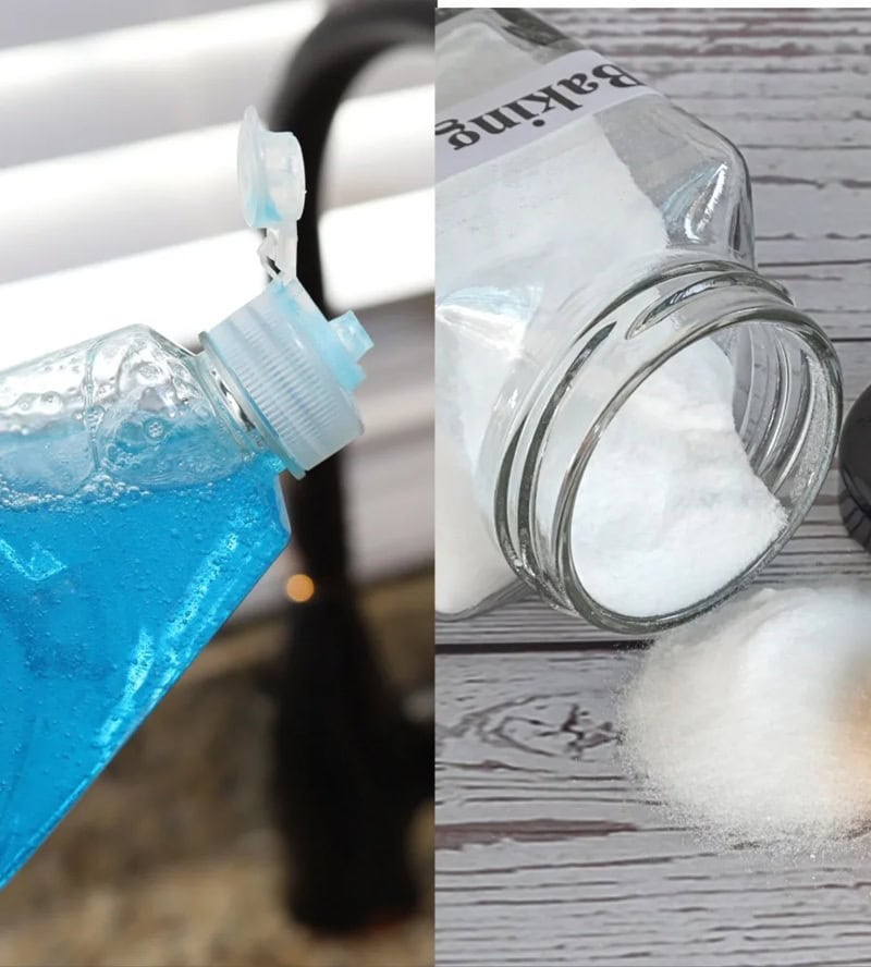 Blue dish soap and baking soda powder, which are harsh ingredients to avoid when removing hairspray buildup