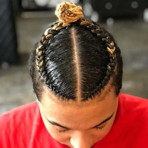 two braids with a top bun