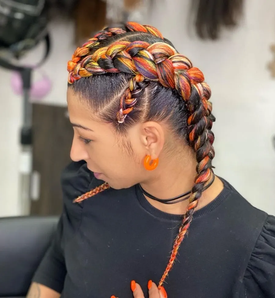 two cornrow braids with color