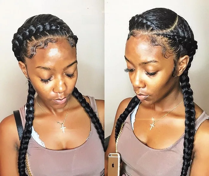 two cornrow braids with side part