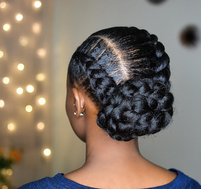 two feed in braids with bun