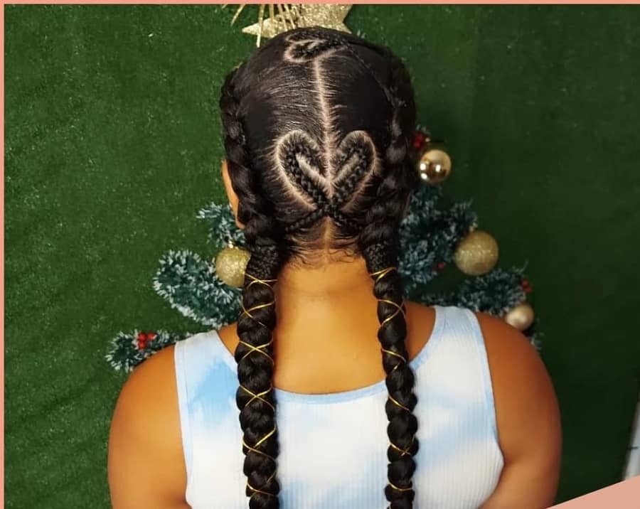 two feed in braids with heart design