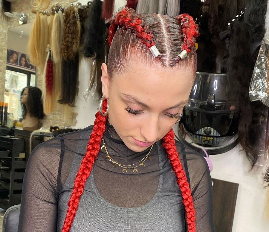 two red cornrows with beads
