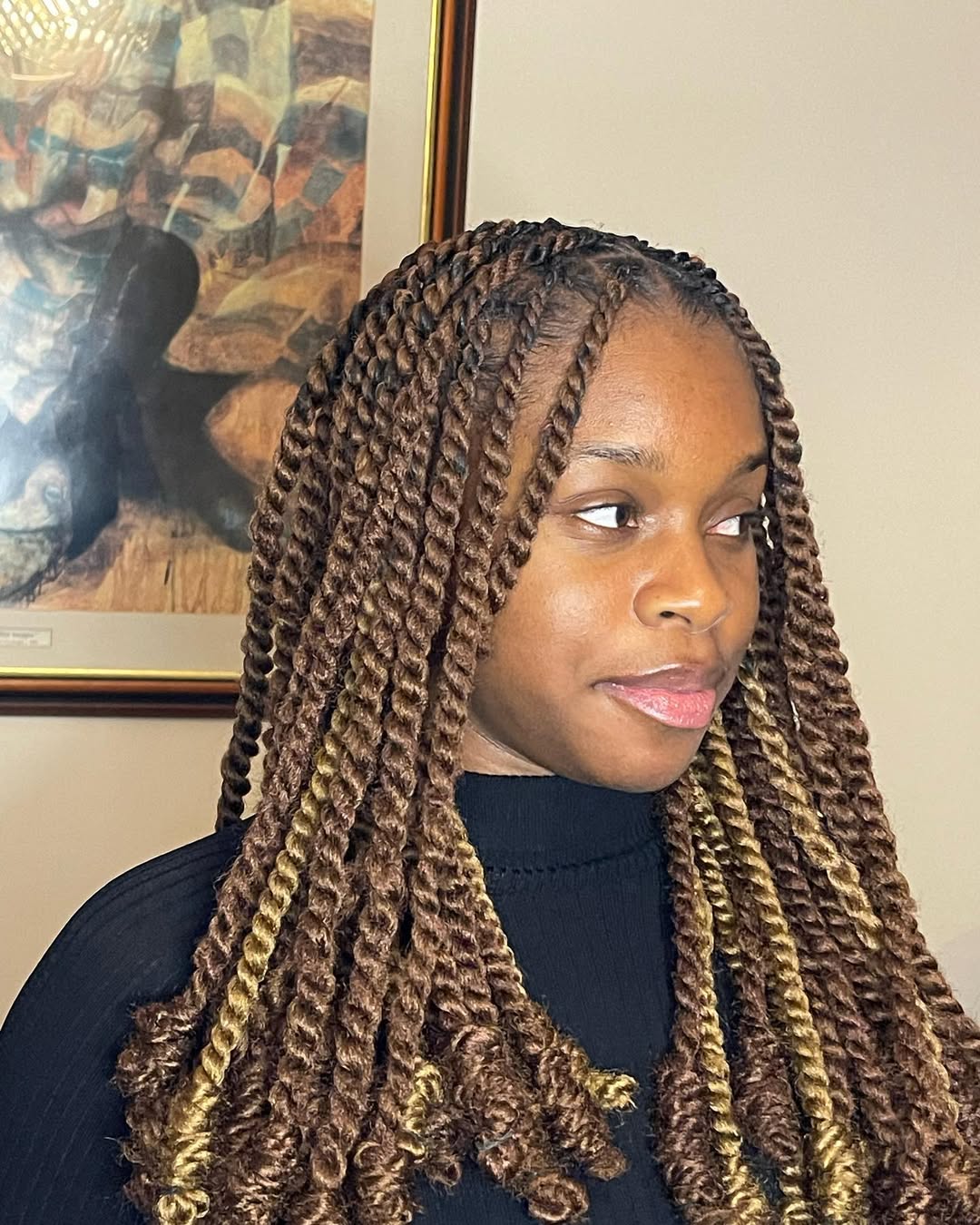 thick two strand Nubian twists with blonde highlights