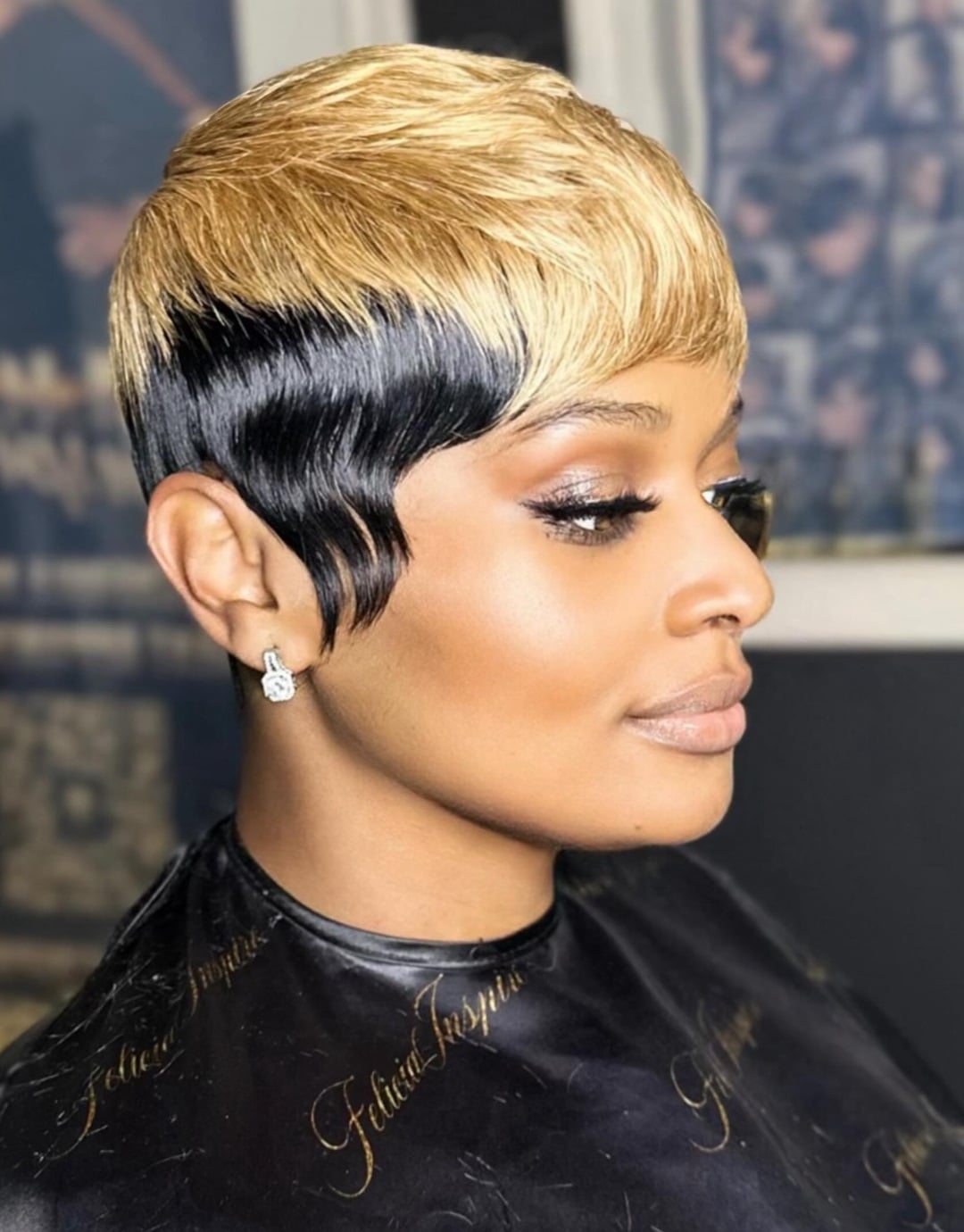 Honey blonde and black two-tone 27 piece pixie cut