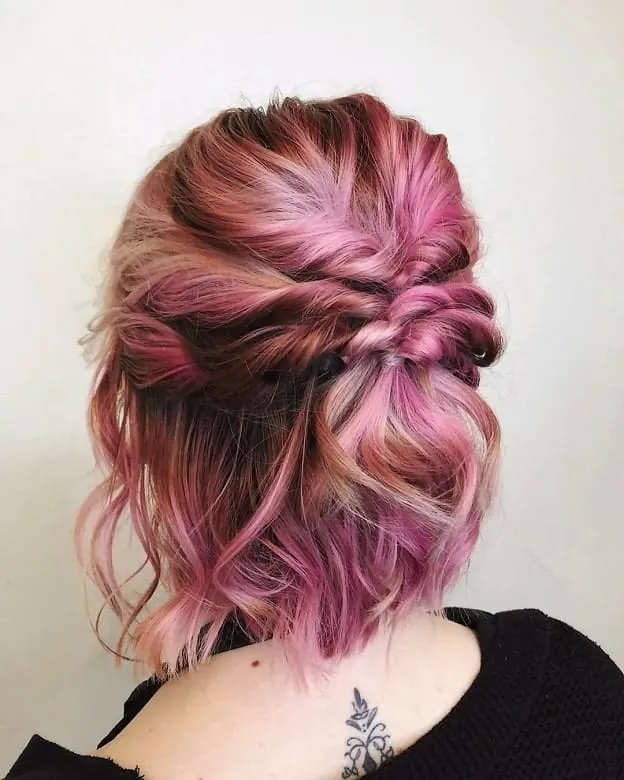 twisted updo for short pink hair