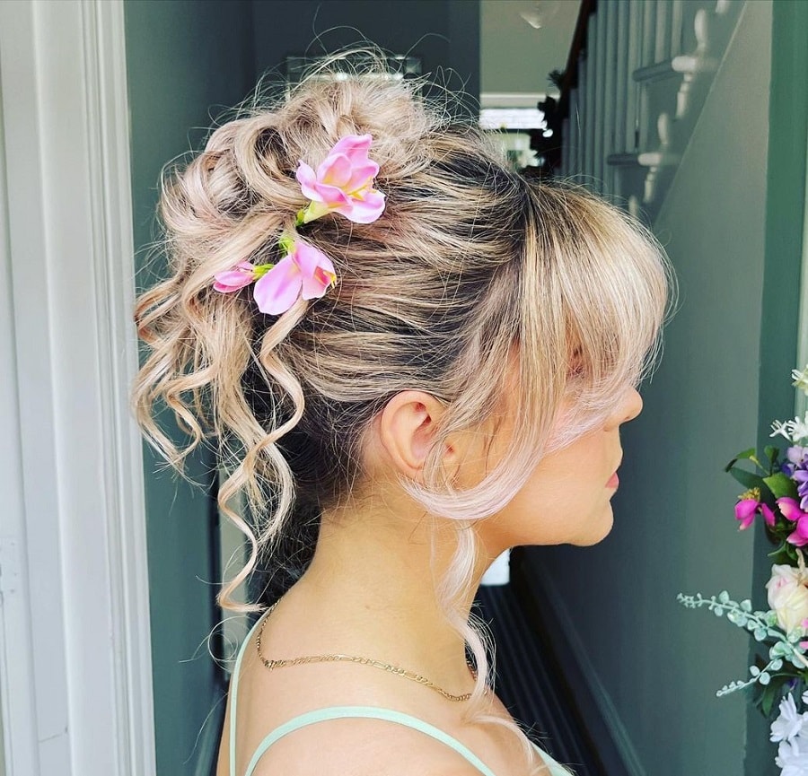 updo with long curtain bangs