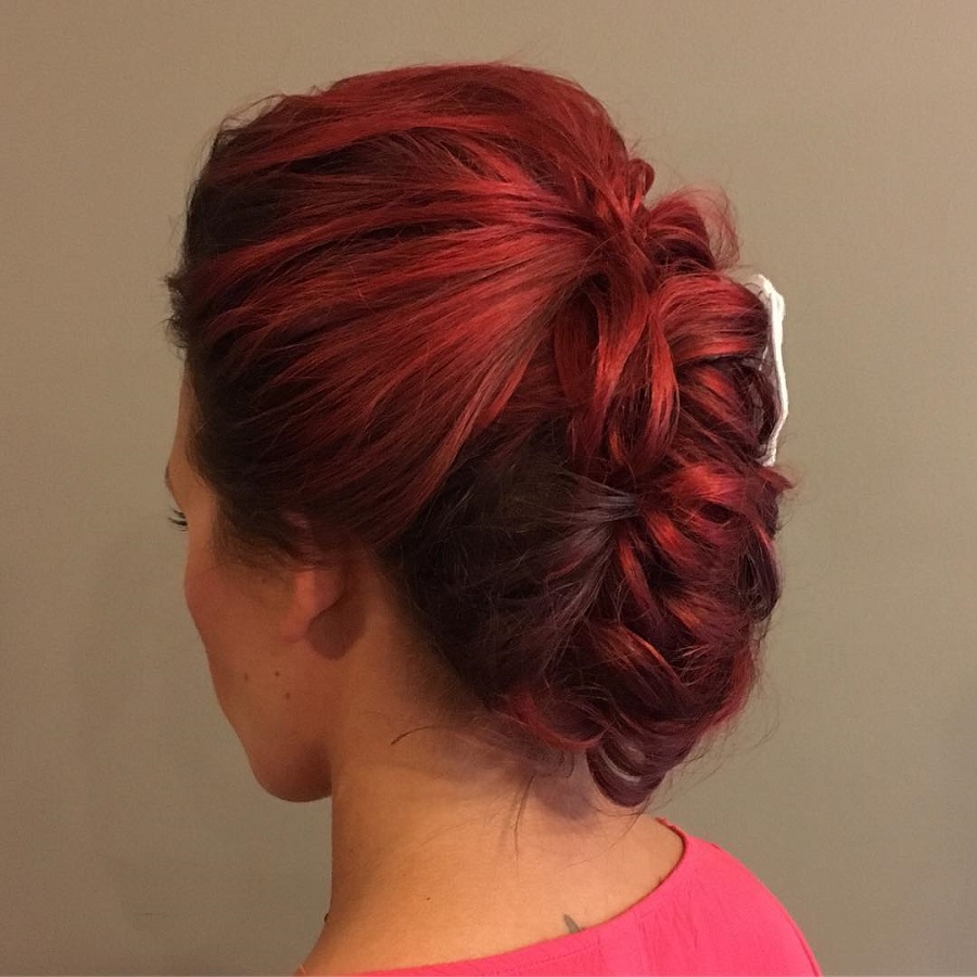 updo with red balayage hair