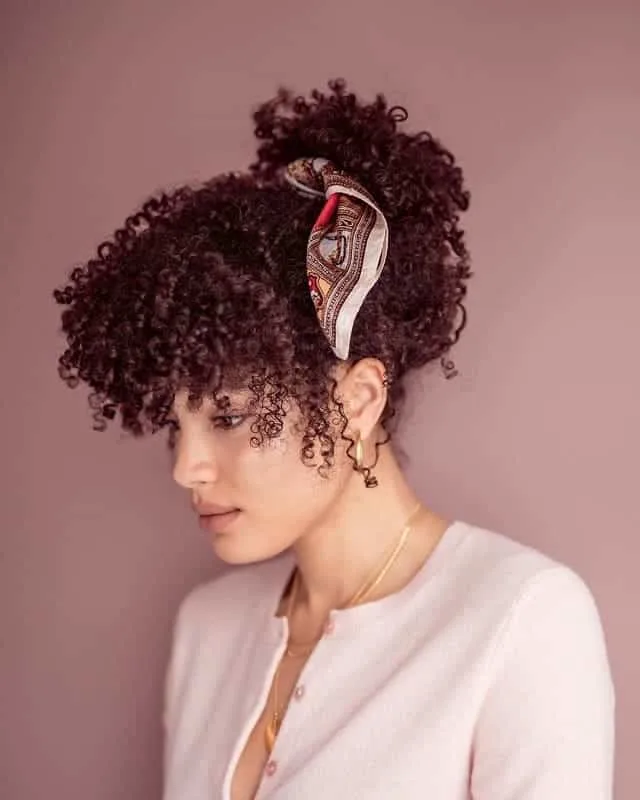 short curly updo with bandana