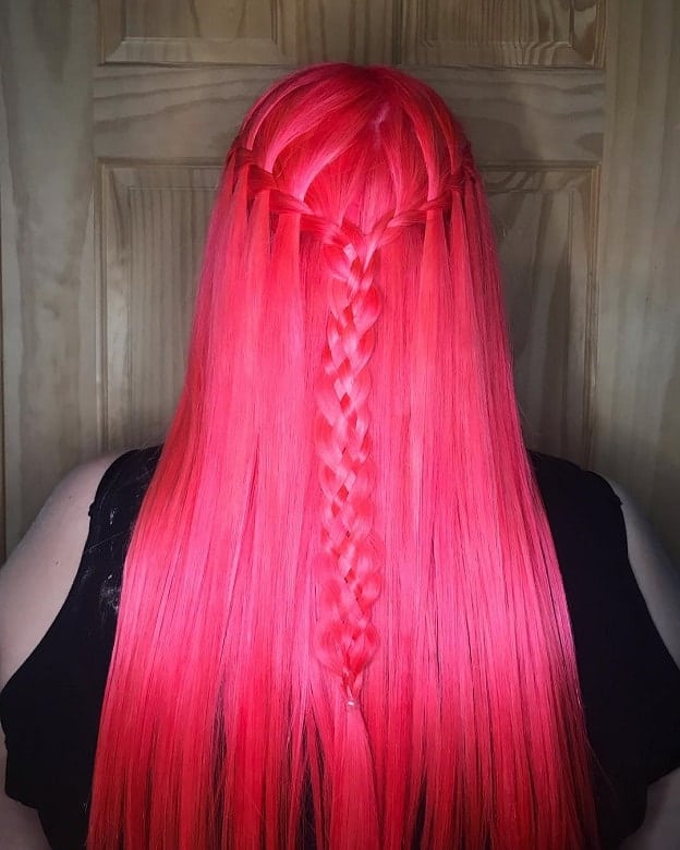 waterfall braid on bright pink hair