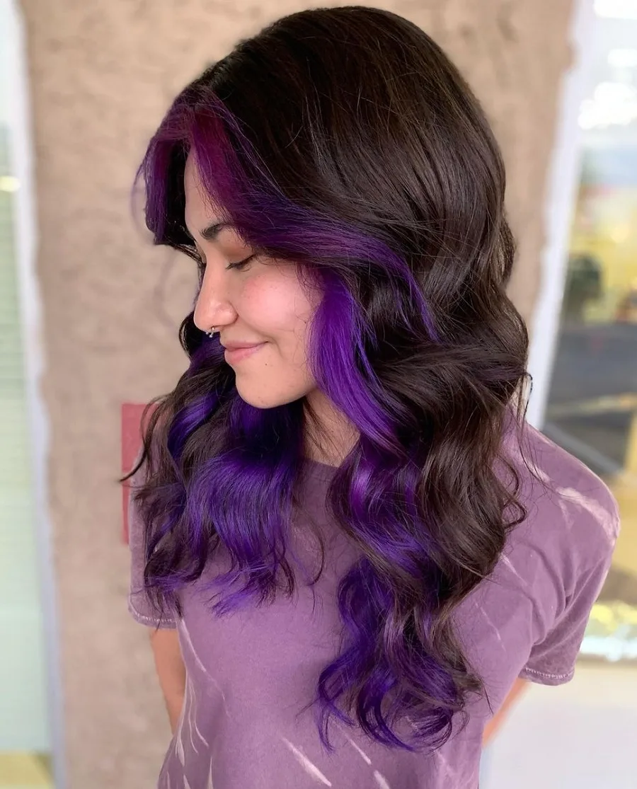 wavy black hair with purple underneath