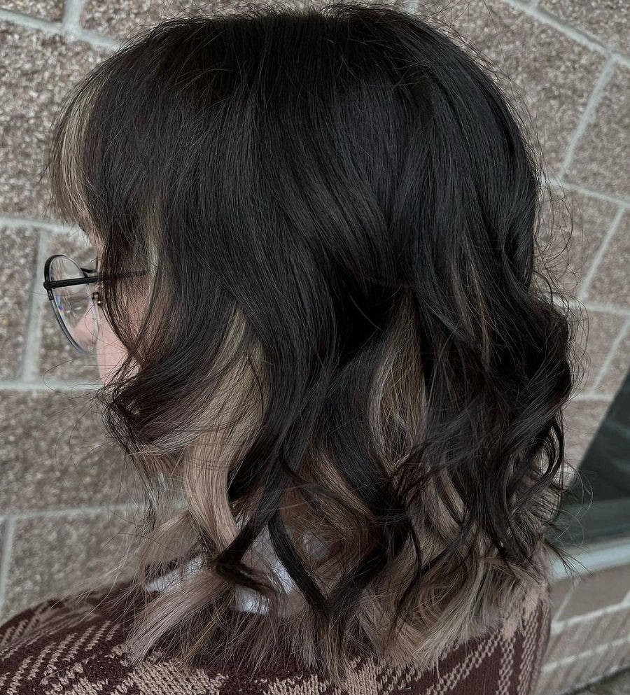 wavy black lob with blonde underneath