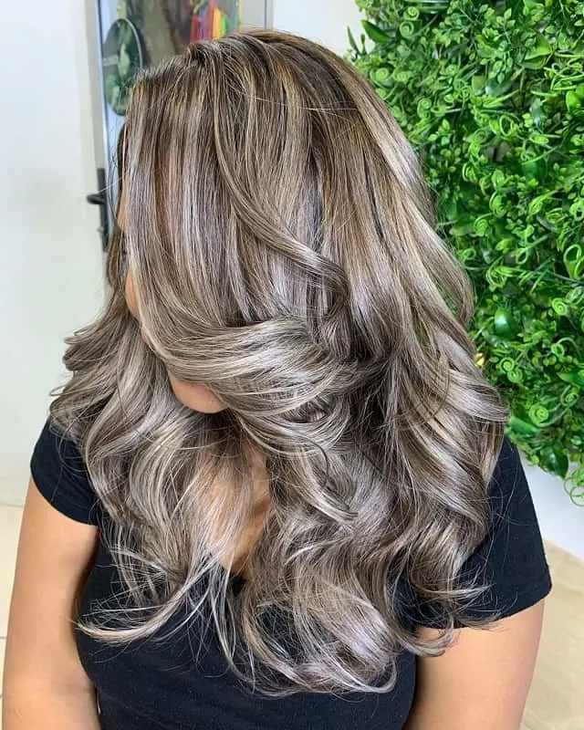 wavy brown hair with silver highlights