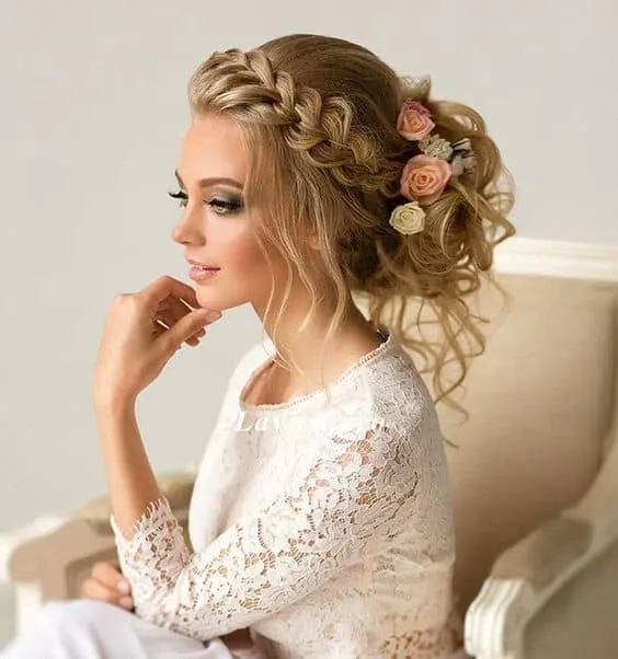 Wedding Braid with Messy Curly Bun