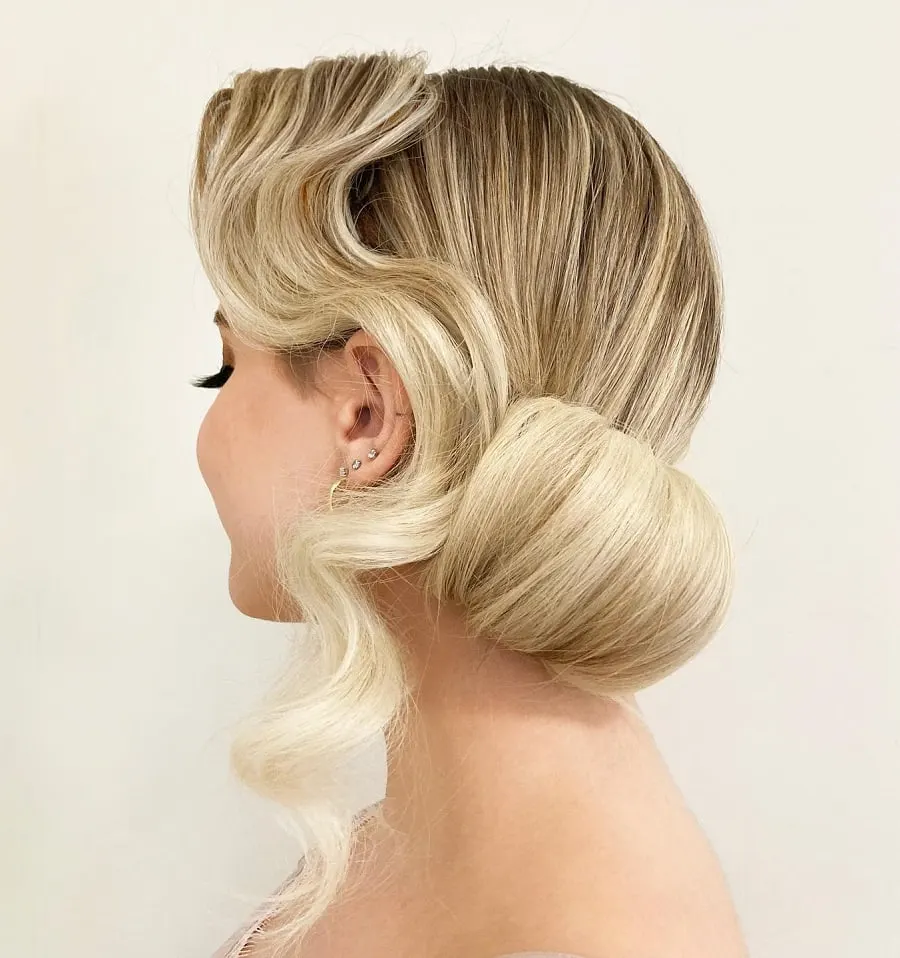 wedding hair bun with hollywood waves