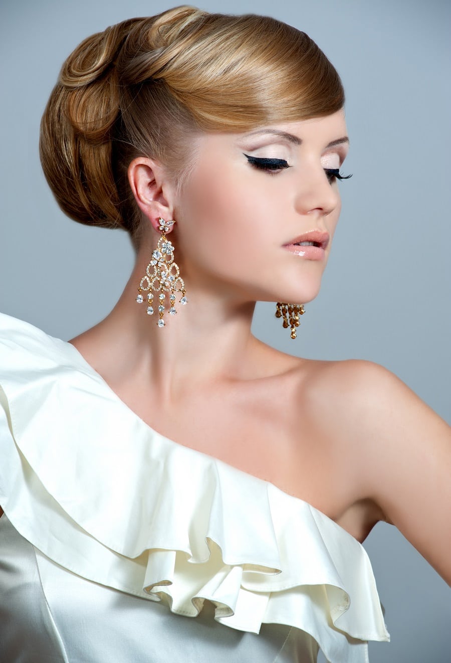 wedding hairstyle for long hair with one shoulder dress