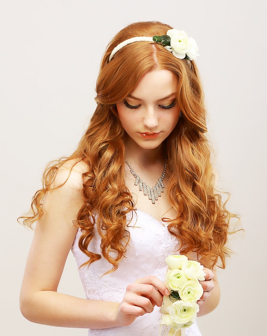 wedding hairstyle with headband for redheads