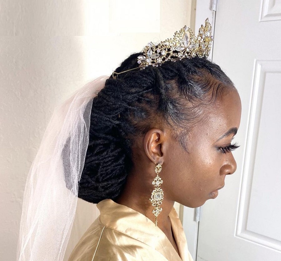 wedding hairstyle with locs and tiara