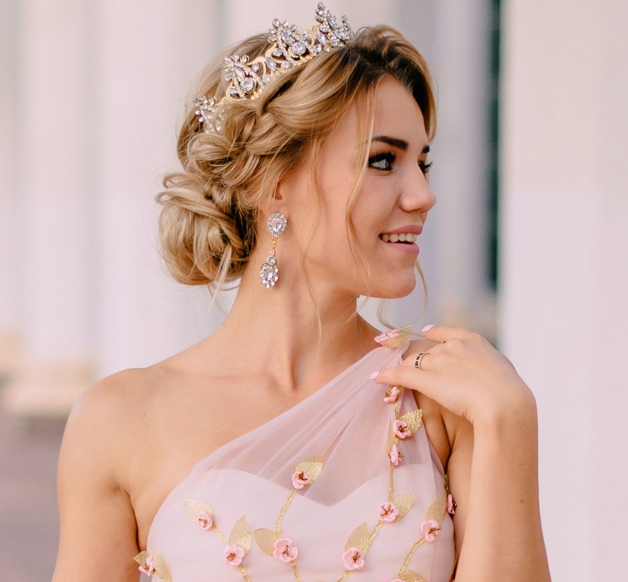 wedding hairstyle with tiara for one shoulder dress
