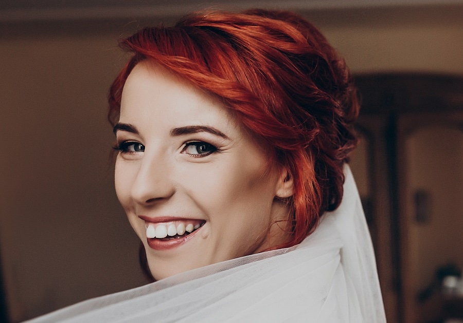 wedding red pixie cut with veil