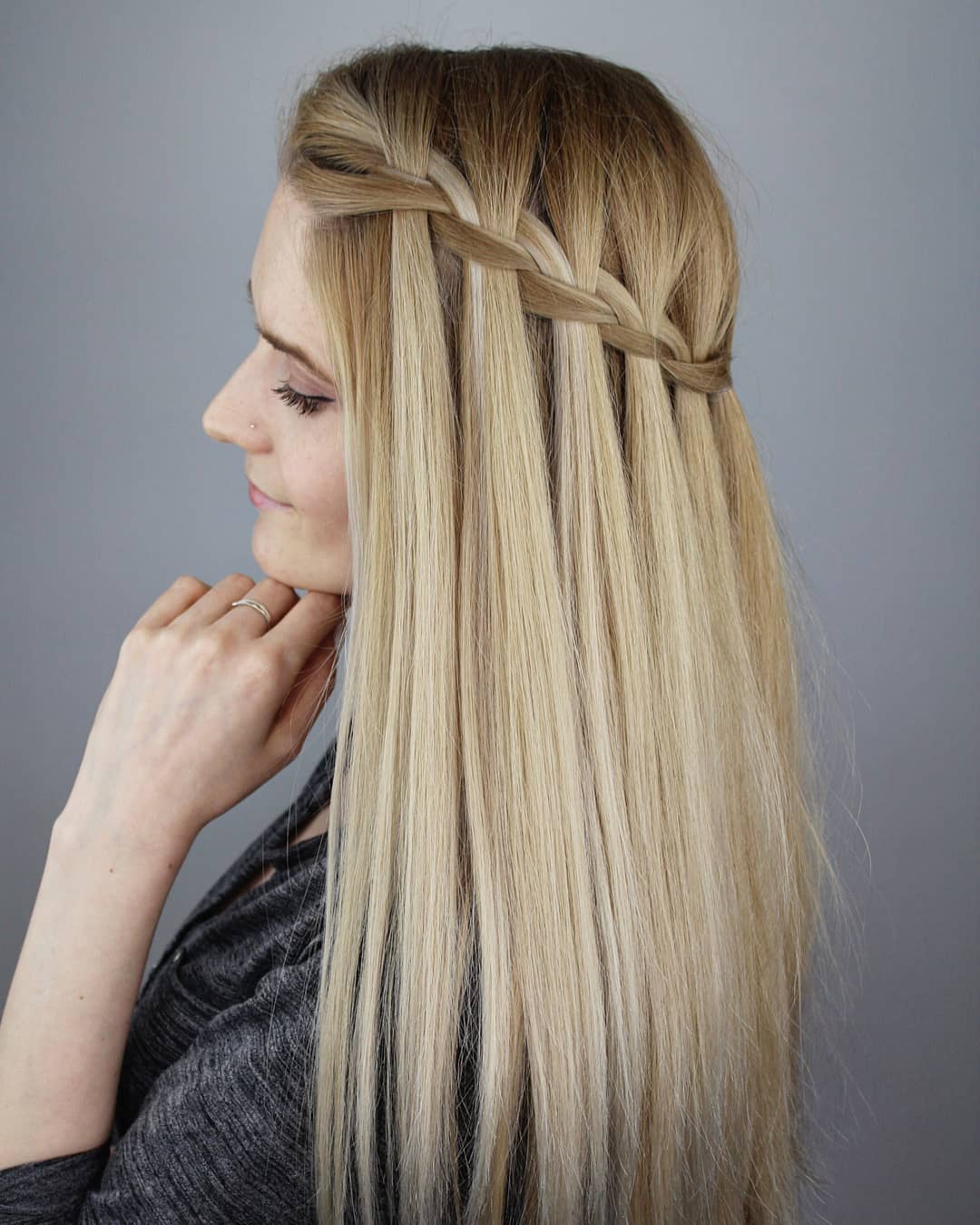 White girl waterfall braid on straight blonde hair