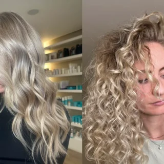 Side by side: one client with long blonde hair in smooth styled waves, another with defined natural curls