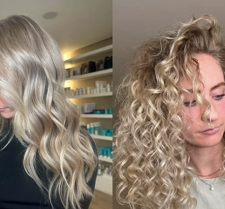 Side by side: one client with long blonde hair in smooth styled waves, another with defined natural curls