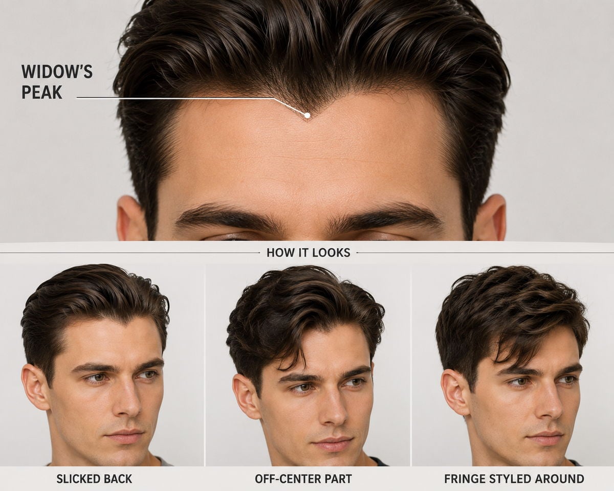Widow's peak hairline on a man, with slicked back, off-center part, and fringe styling options