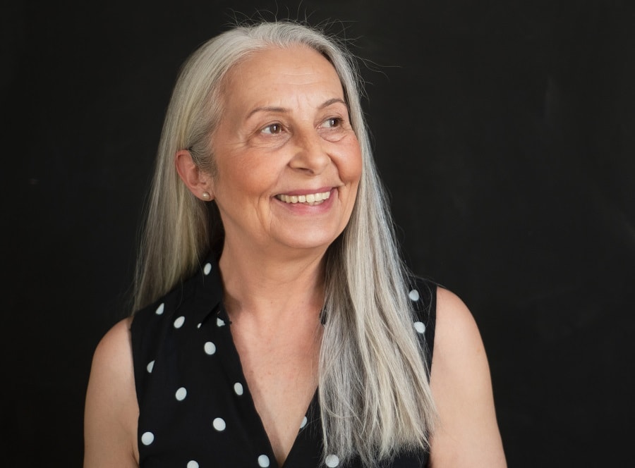 woman over 60 with long grey hair