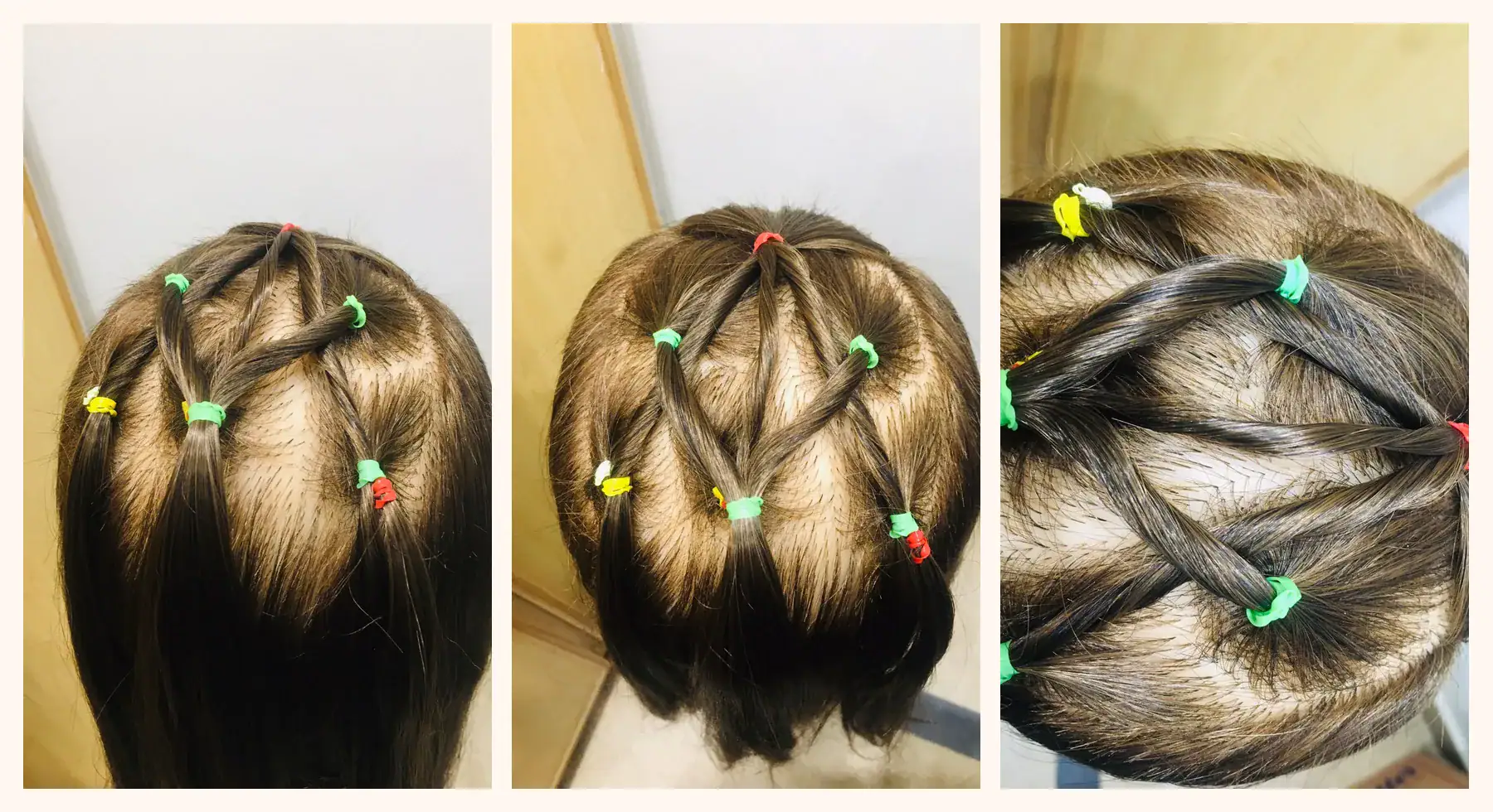 Three-angle collage of the flatter diamond crisscross variation with clean elastic sections and diagonal overlaps.
