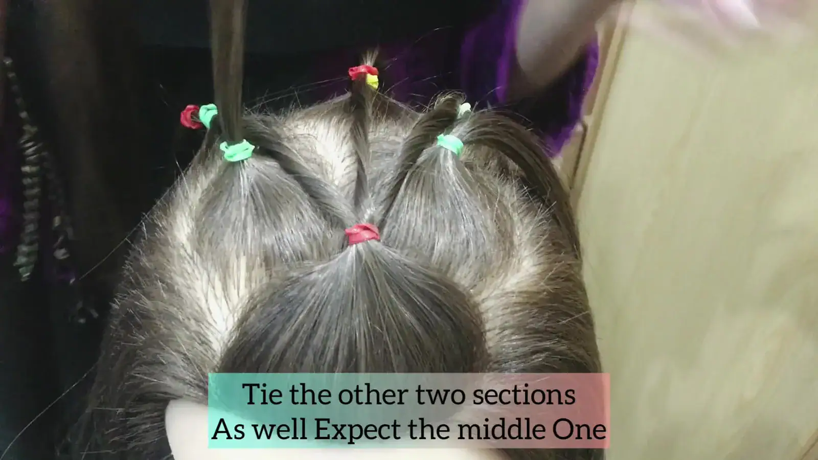 Step 6 routing the middle-row ponytails diagonally into the center back ponytail.