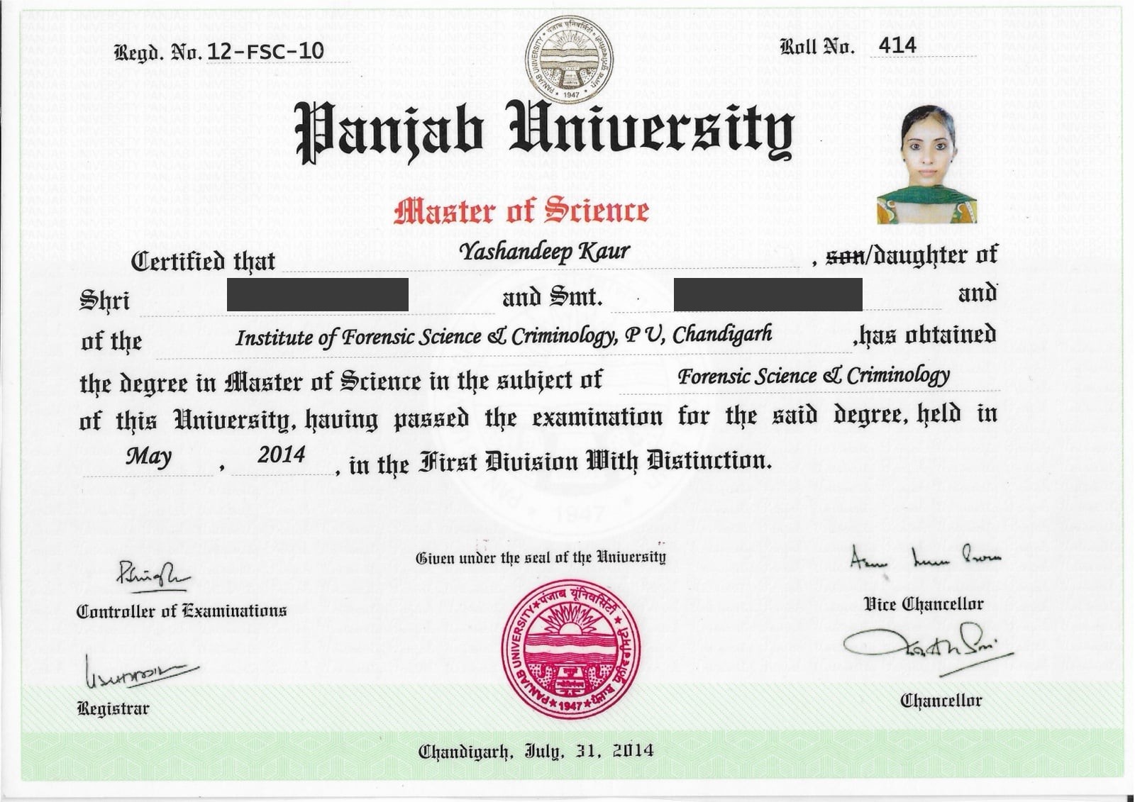 Panjab University M.Sc Forensic Science and Criminology certificate of Yashandeep Kaur