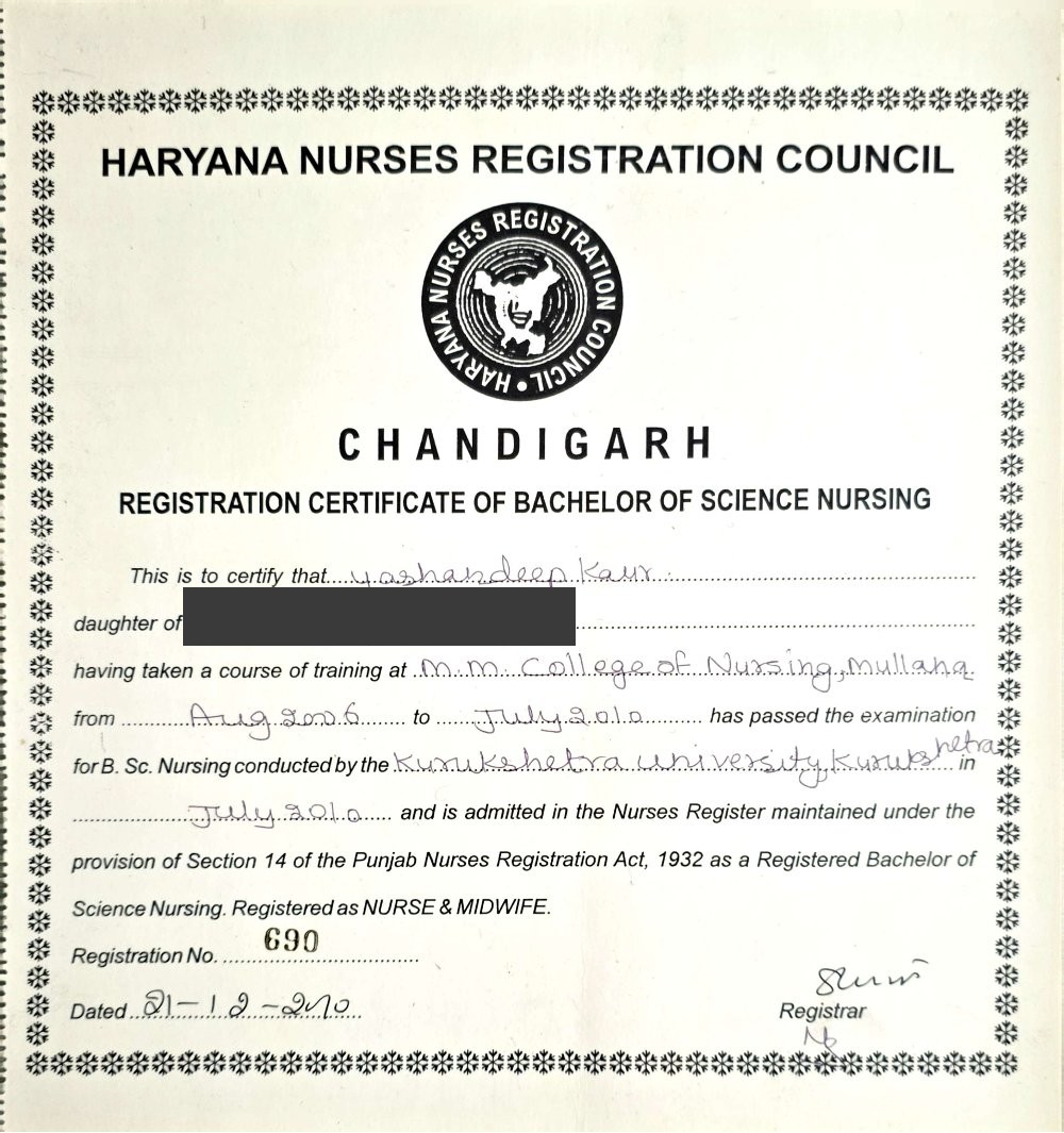 Haryana Nurses Registration Council B.Sc Nursing registration certificate of Yashandeep Kaur