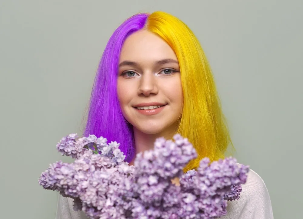 yellow and purple split hair