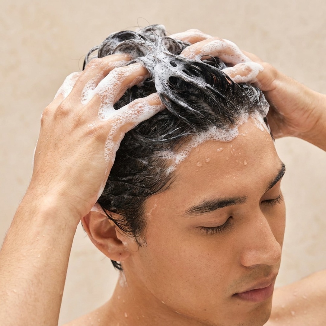 young boy using shampoo to maintain his hairstyle with curly hair