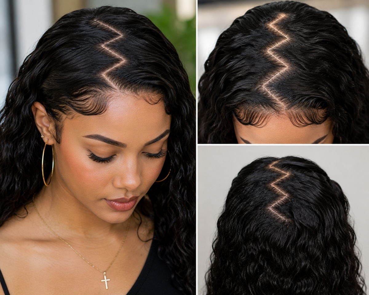 Zig-zag part styled into curly hair, shown from the front, top, and back
